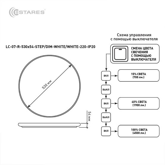 Управляемый светодиодный светильник LITECO 50W LC-07R-530x54-STEP/DIM-WHITE/WHITE-220-IP20